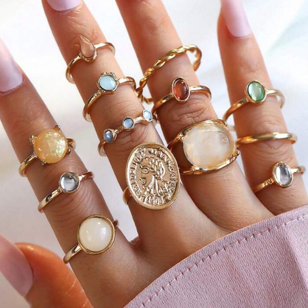 Set Of 12 Creative Baroque Jelly Colored Rings